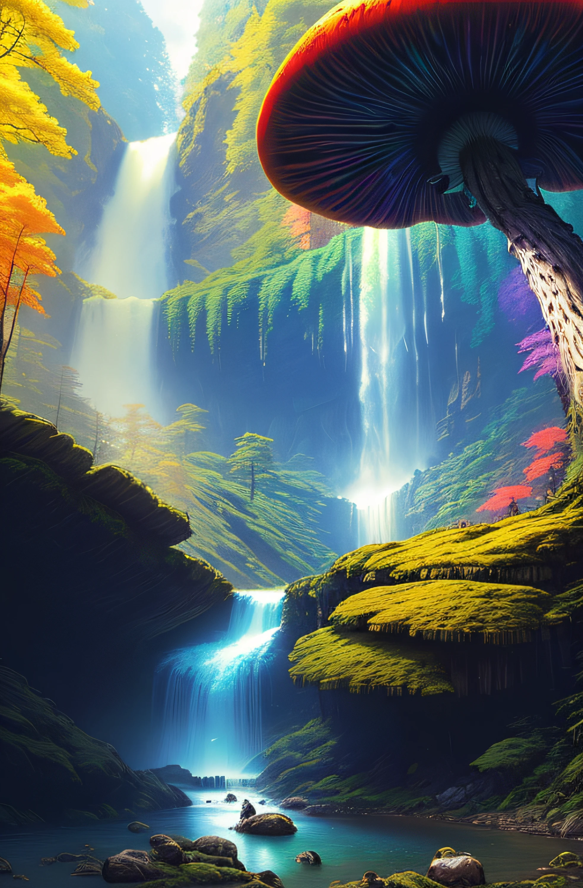 rainbow forest, tree, nature, mushroom, waterfall, standing, outdoors, mountain, sunny day,(by Artist Greg Rutkowski:1.3),(Vivid Colors:1.3)
