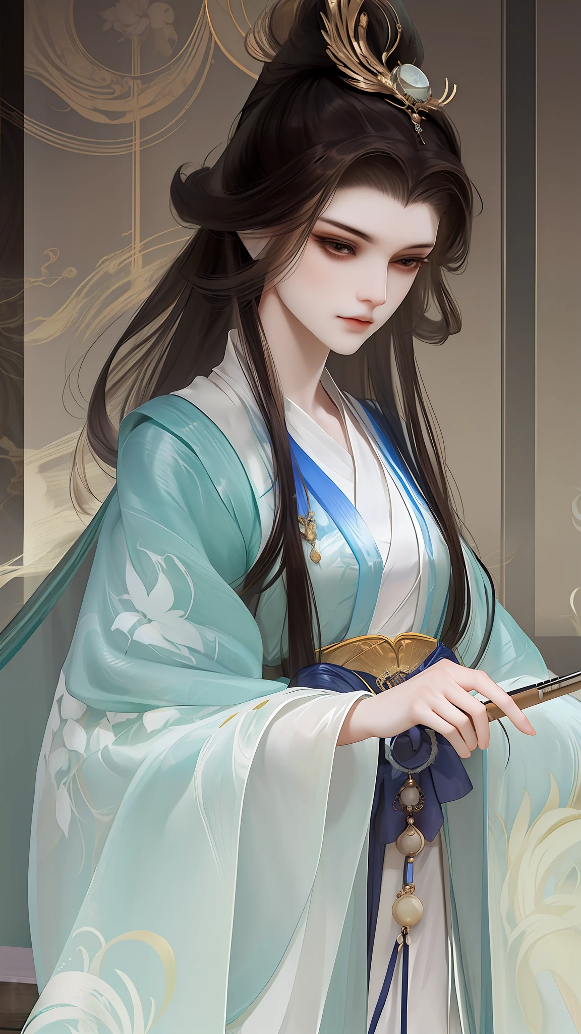 best qualtiy，tmasterpiece，highly detailed wallpaper，1 beautiful woman，female focus，brunette color hair，long whitr hair，详细的脸，gorgeous hair accessory，looking at viewert，Hanfu，超高分辨率，sketching，ink wash style