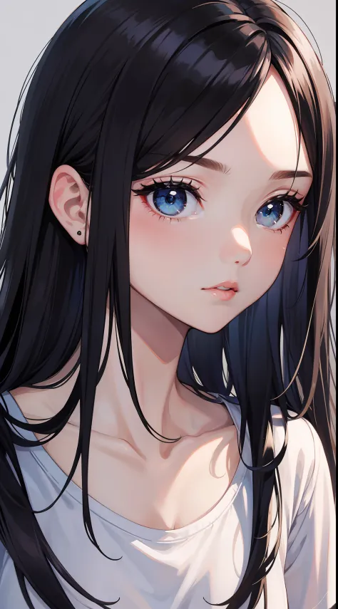 young girl, Long black hair, blue eyes, white tshirt, Masterpiece, hiquality