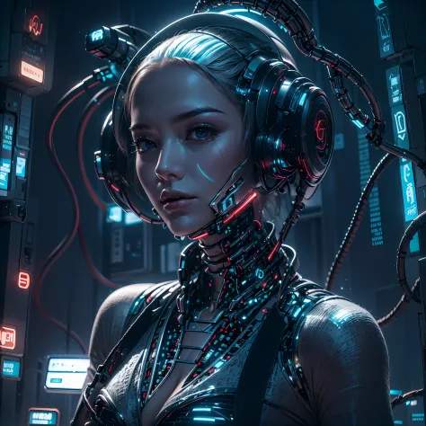 1girll，(cyber punk perssonage:1.3)，Bring headphones，Illuminated helmet and headphones，glowing jewelry，Glowing earrings，Glowing n...