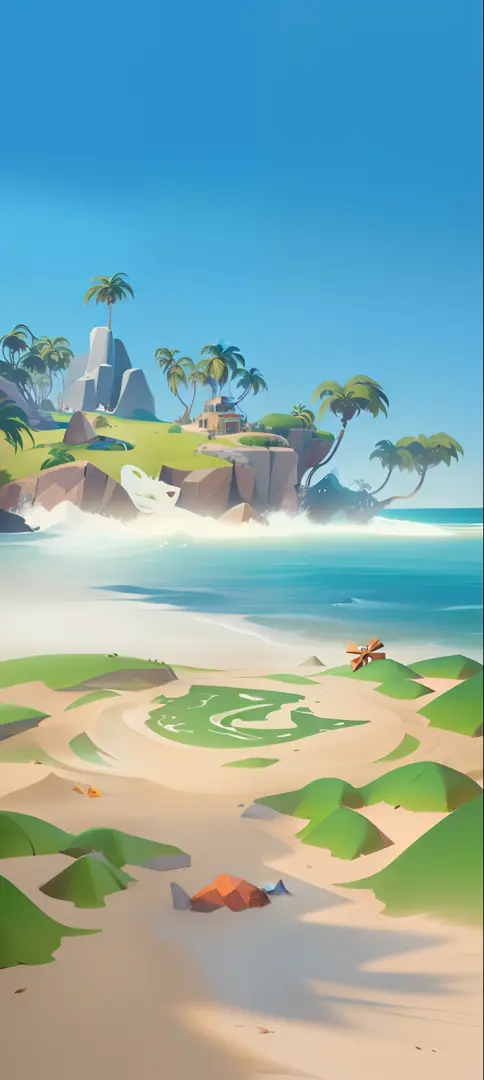 Cartoon beach close-up with lots of sand, 《Sea of Thieves》styled, Island background, Stylized concept art, Sea of Thieves, 《Sea of Thieves》a screenshot, Stylized art, epic coves crashing waves plants, the lost beach, beach on the outer rim, Stylized game a...