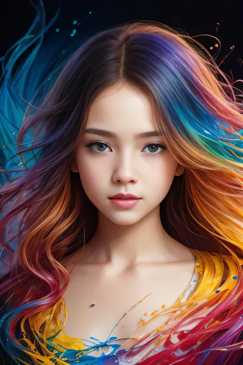 Colorful beautiful girl: a giru 8-years old, messy hair, oil painting, nice perfect face with soft skinice perfect face, blue ye...