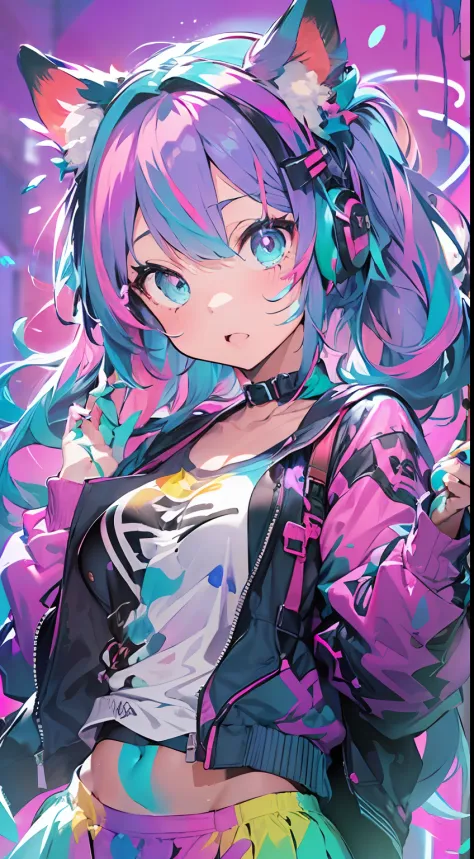 Brightly colored cat ears anime girl with headphones and (big breasts:1.3), ((upturned eyes:1.3, perfect eyes ,beautiful detailed eyes, rainbow glows ultra-detailed deep aqua purple eyes:1.1, gradient eyes:1, finely detailed beautiful eyes:1, symmetrical e...