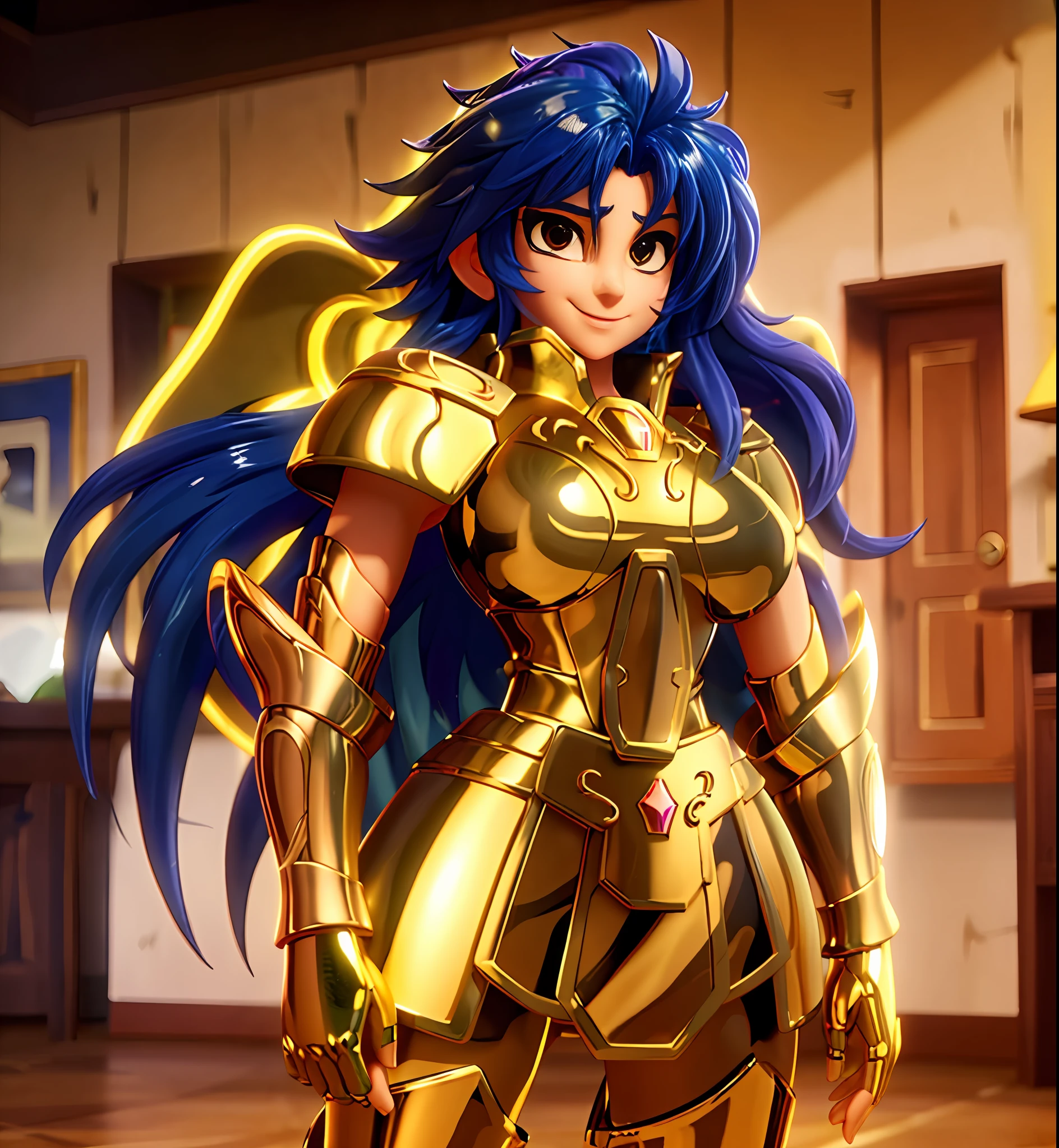 Plump breasts， Ultra-high saturation（tmasterpiece）， fully body photo，（best qualtiy）， （1girll），super wide shot， sface focus， Wearing gold Aquarius armor， sexy armor，No underwear，Naked，Bling armone fine skin，Expose your chest，Expose the waistline，Exposing thighs，cool-pose， Saint Seiya Armor， messy  hair，highly detailed realistic photograph of, (((cellshading))), god light, super sharp focus, Ultra high quality, vibrant, (extremely giant breasts:1.7), (Bare breasts:1.4), shiny latex, , Long hair, (Shiny skin:1.4), shiny lip, Very big ass, Symmetrical detail face, shades, Sexy, Masterpiece，Ultra-high saturation，hight contrast，High-gloss armor，Smooth skin，Evil smile，dardark blue hair