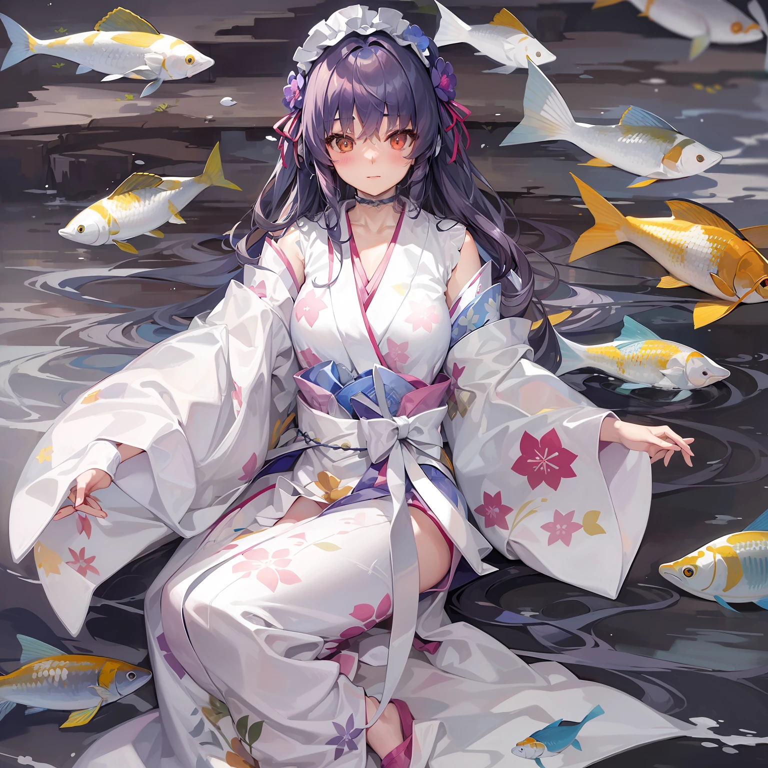 ((Masterpiece)), (Best Quality), Amelia Watson,amelia_kimono, white kimono, white hakama, fish print, (NSFW: 1.5), full body, solo