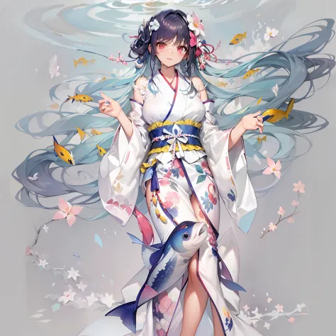 ((masterpiece)), (best quality), amelia watson,amelia_kimono, white kimono, white hakama, fish print, (nsfw: 1.5), full body, so...