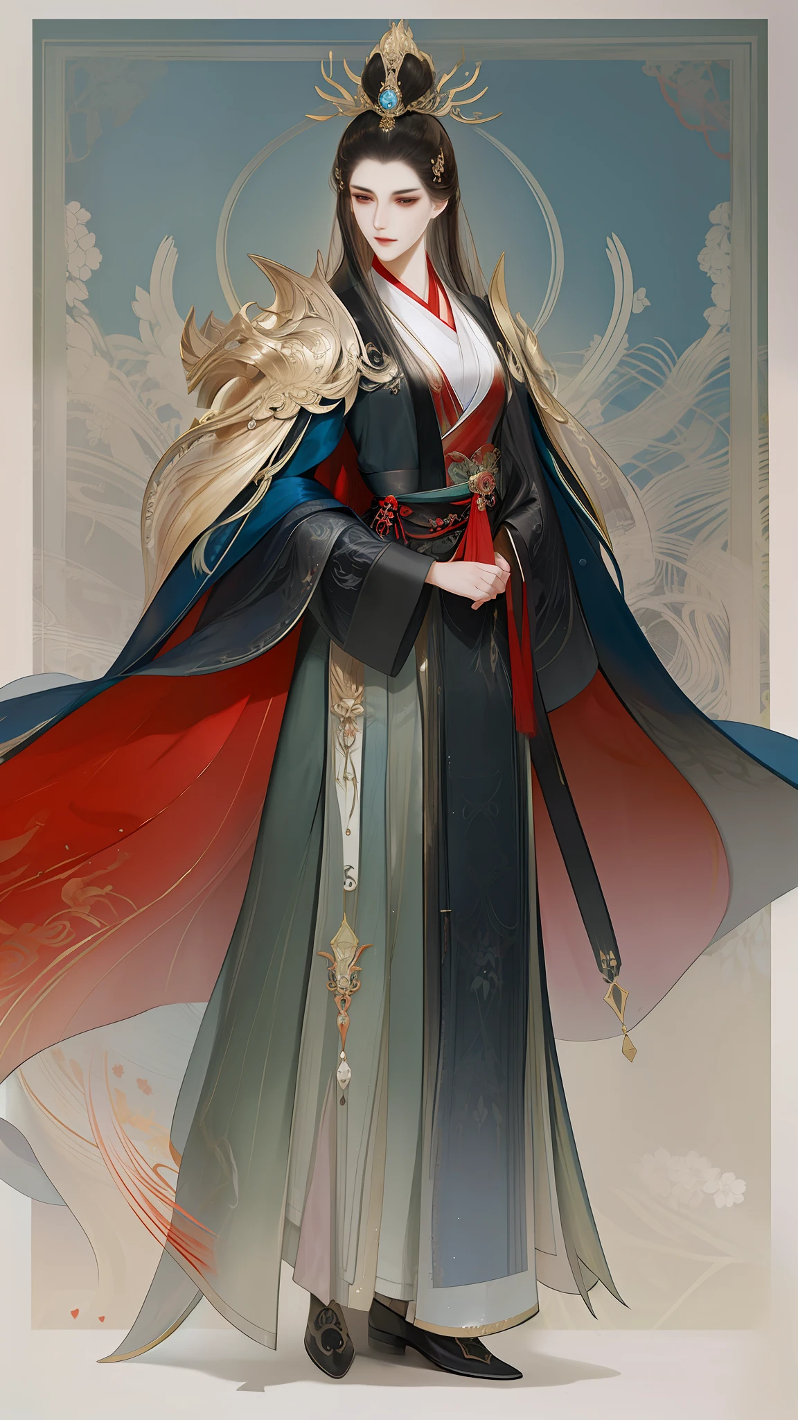 best qualtiy，tmasterpiece，highly detailed wallpaper，1 Beautiful female emperor，Full body standing painting，female focus，brunette color hair，long whitr hair，详细的脸，gorgeous hair accessory，Plush cape，looking at viewert，Black Hanfu，超高分辨率，sketching，ink wash style