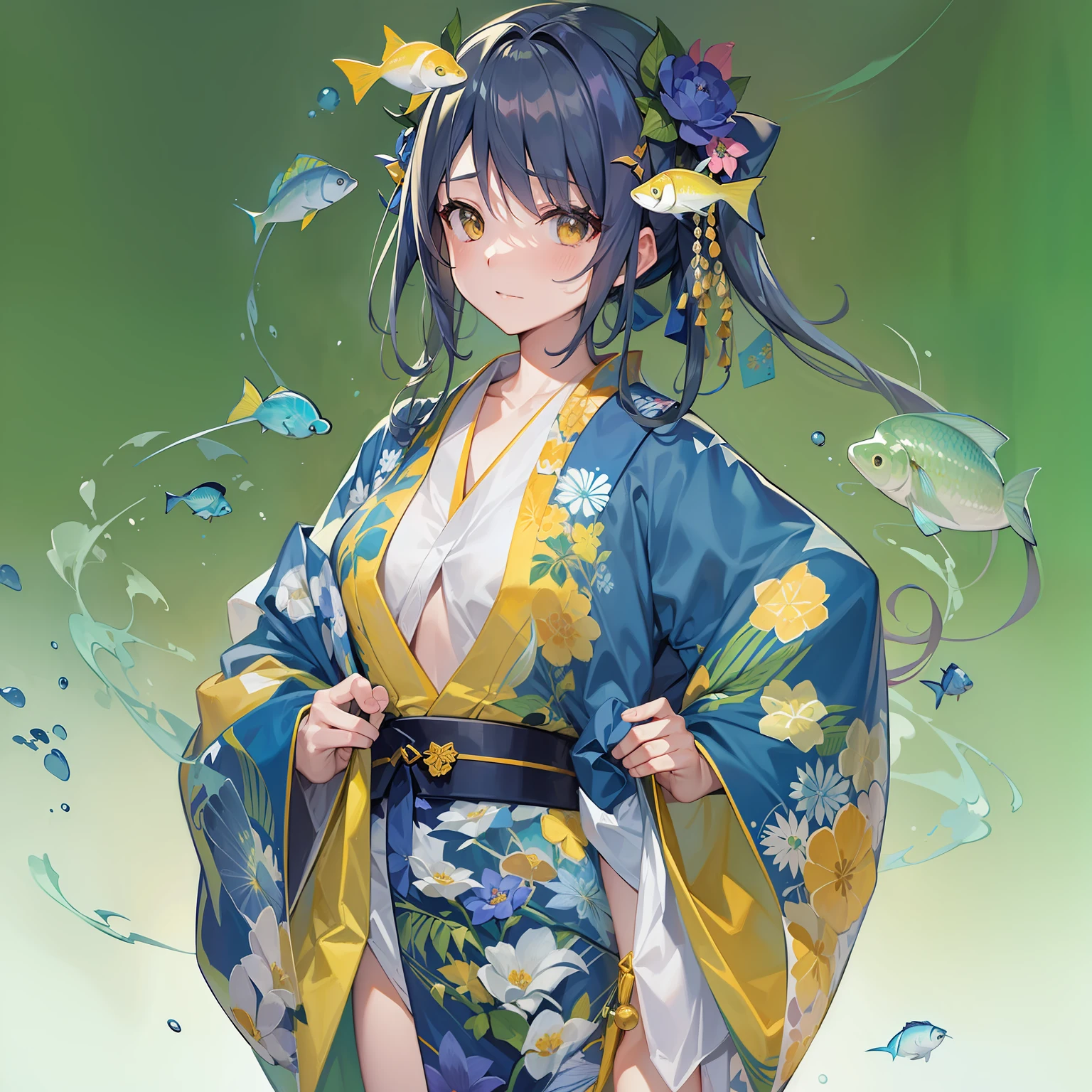 ((Masterpiece)), (Best Quality), Amelia Watson,amelia_kimono, blue kimono, yellow hakama, fish print, (NSFW: 1.5), full body, solo