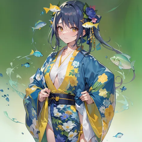 ((masterpiece)), (best quality), amelia watson,amelia_kimono, blue kimono, yellow hakama, fish print, (nsfw: 1.5), full body, so...