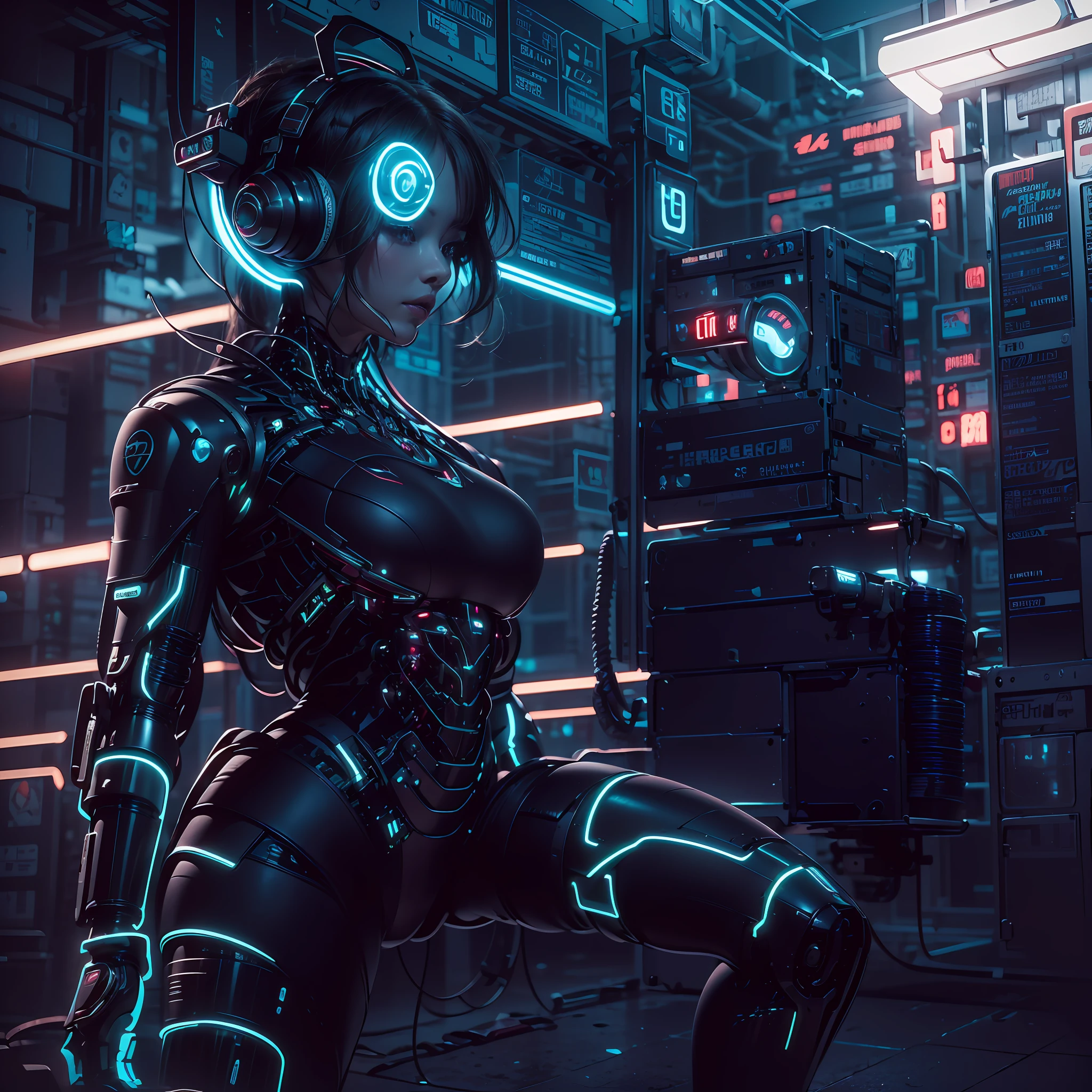 1Mädchen，(cyber punk perssonage:1.3)，Bringen Sie Kopfhörer mit，Beleuchteter Helm und Kopfhörer，leuchtender Schmuck，leuchtende Ohrringe，leuchtende Halskette，drinnen im Zimmer，Elektronischer Drahthintergrund，beste Qualität，Meisterstück，Filmfilter-Vorgaben，Beleuchtung auf Filmniveau，c4d-Rendering，Rendering von Octane，mit Licht leuchten，(Ganzkörperesbian:1.5)，slender leg，perfekter Fuß，Hohes Hell-Dunkel，