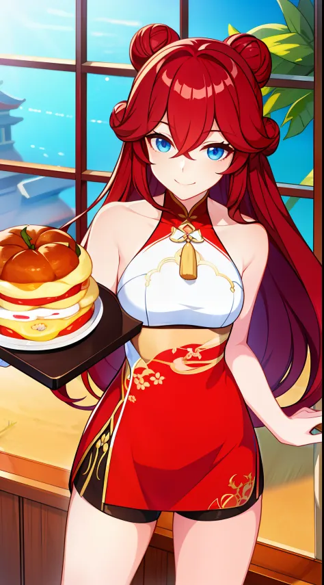 young girl, long red hair, two buns, smile, blue eyes, chinese sleeveless dress, shorts, a tray of food, masterpiece, hiquality