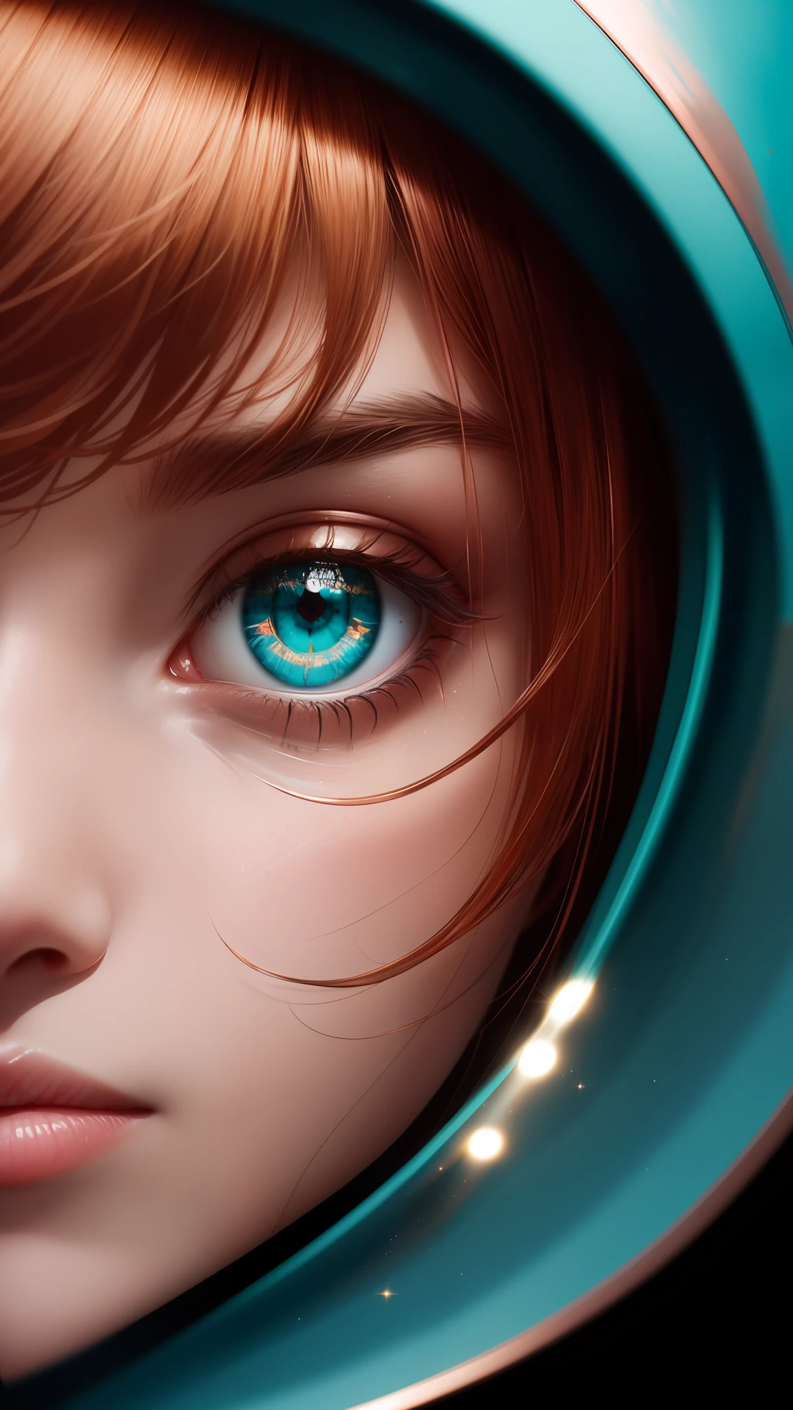 A character with turquoise eyes and copper hair, in the style of detailed atmospheric portraits, sparkling water reflections, hyper-detailed illustrations, wandering eye, Fujifilm Eterna Vivid 500T, aqua and burnished-copper, intense close-ups pxlpshr-rumor