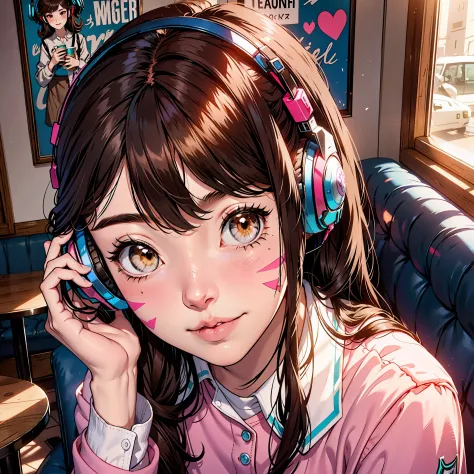 (masterpiece, high quality) cute d.va (from overwatch) in a cafe, brown hair, wearing short short, brown eyes and cute lips, kaw...