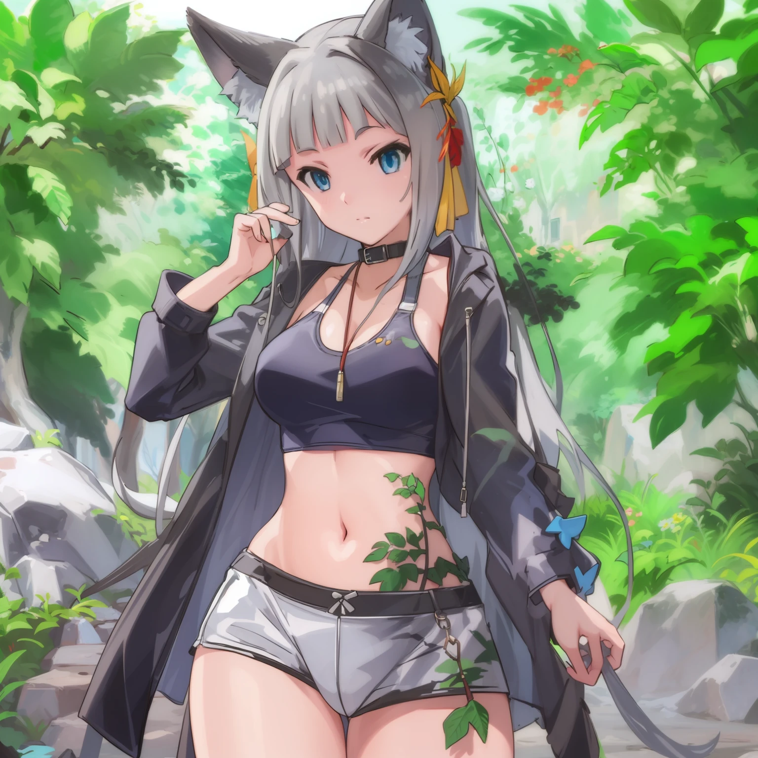 Anime girl with cat ears and a black top and shorts - SeaArt AI