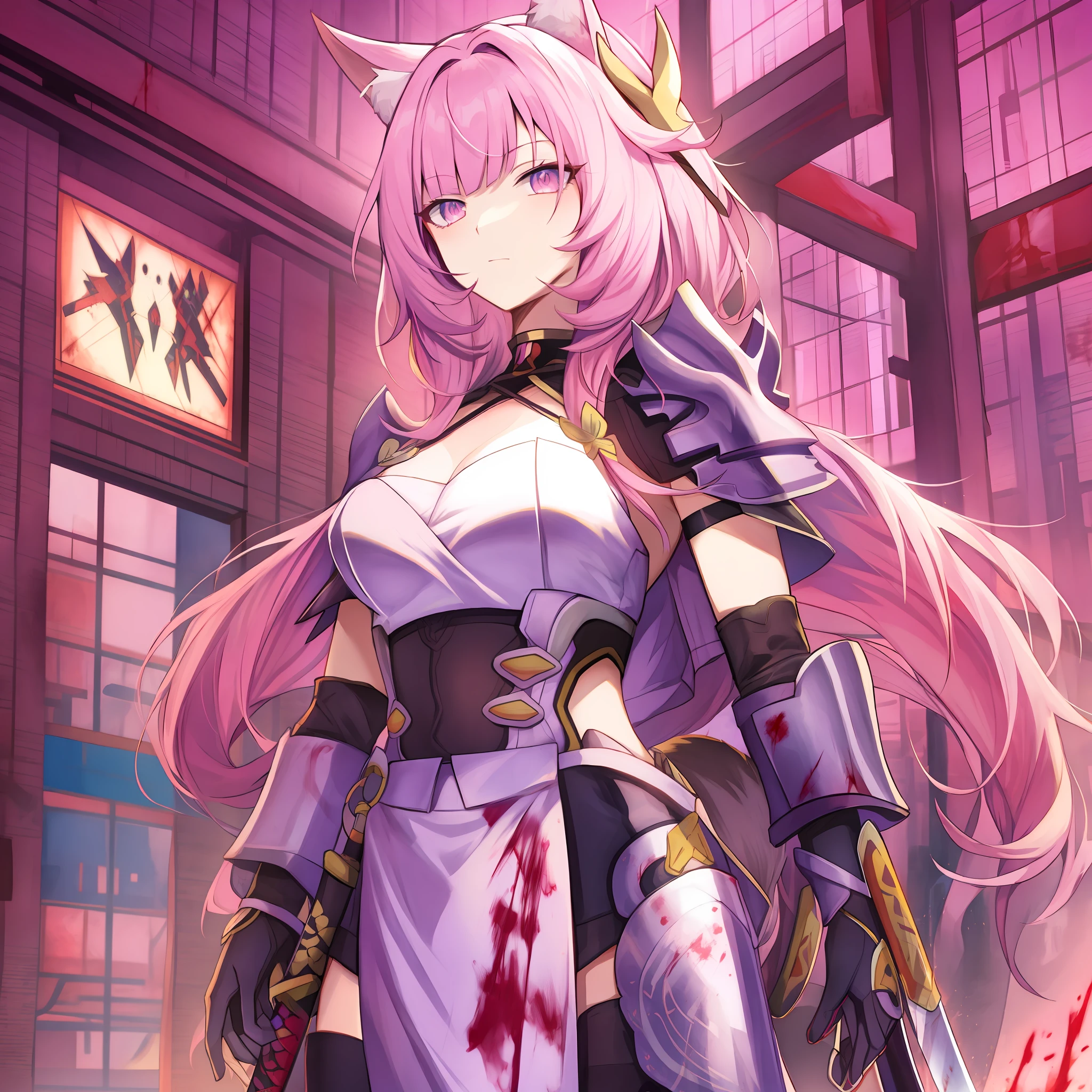 Anime, Une dame fille, longs cheveux roses, renard, épée katana, Samouraï, Japonais, science fiction, cyberpunk, armor Samouraï, moyen-âge, yeux roses, renard tail, yandere,Sang, la magie