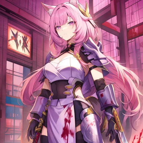 Anime, A lady girl, long pink hair, fox, katana sword, samurai, japanese, sci fi, cyberpunk, armor samurai, mediavel, pink eyes,...