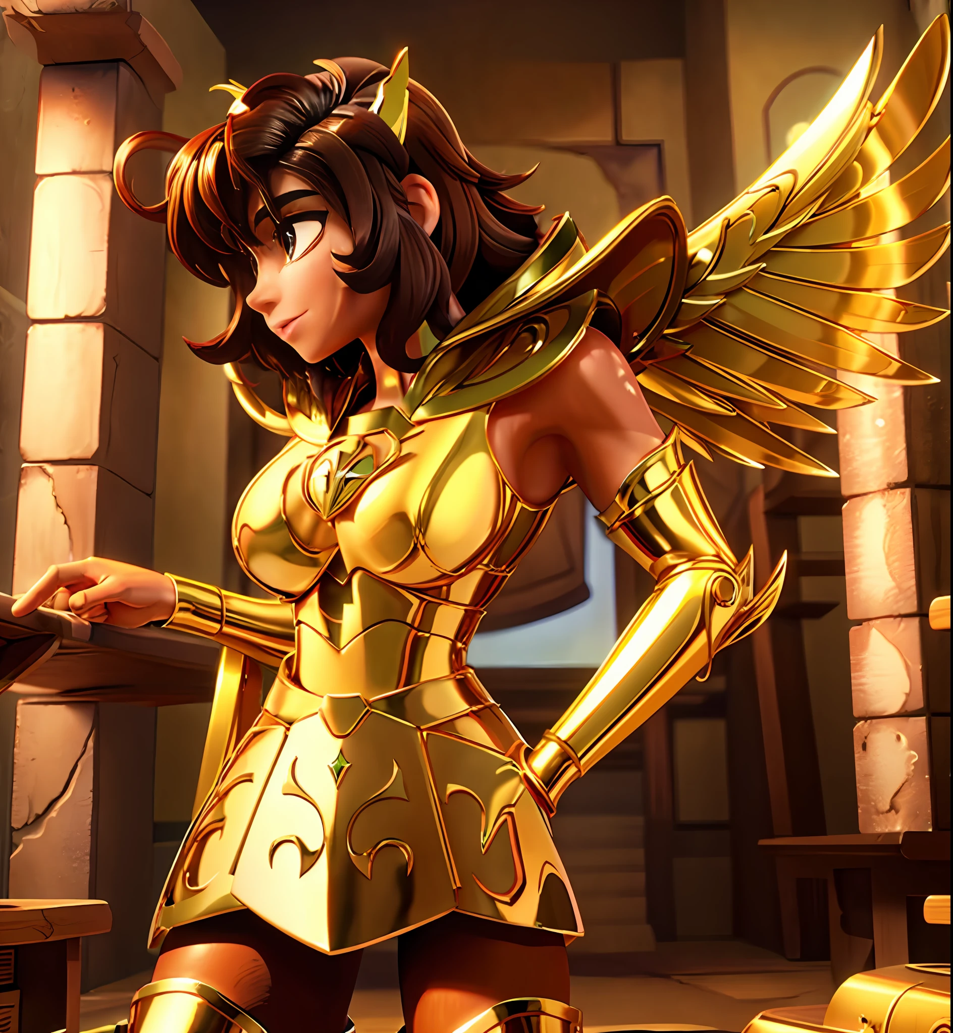 Plump breasts， Ultra-high saturation（tmasterpiece）， fully body photo，（best qualtiy）， （1girll），super wide shot， sface focus， Wearing gold Sagittarius armor， sexy armor，No underwear，Naked，Bling armone fine skin，Expose your chest，Expose the waistline，Exposing thighs，cool-pose， Saint Seiya Armor， messy  hair，highly detailed realistic photograph of, (((cellshading))), god light, super sharp focus, Ultra high quality, vibrant, (extremely giant breasts:1.7), (Bare breasts:1.4), shiny latex, , Long hair, (Shiny skin:1.4), shiny lip, Very big ass, Symmetrical detail face, shades, Sexy, Masterpiece，Ultra-high saturation，hight contrast，High-gloss armor，Smooth skin，Enchanted expression，Brown hair，Long wings on the back，Long golden wings
