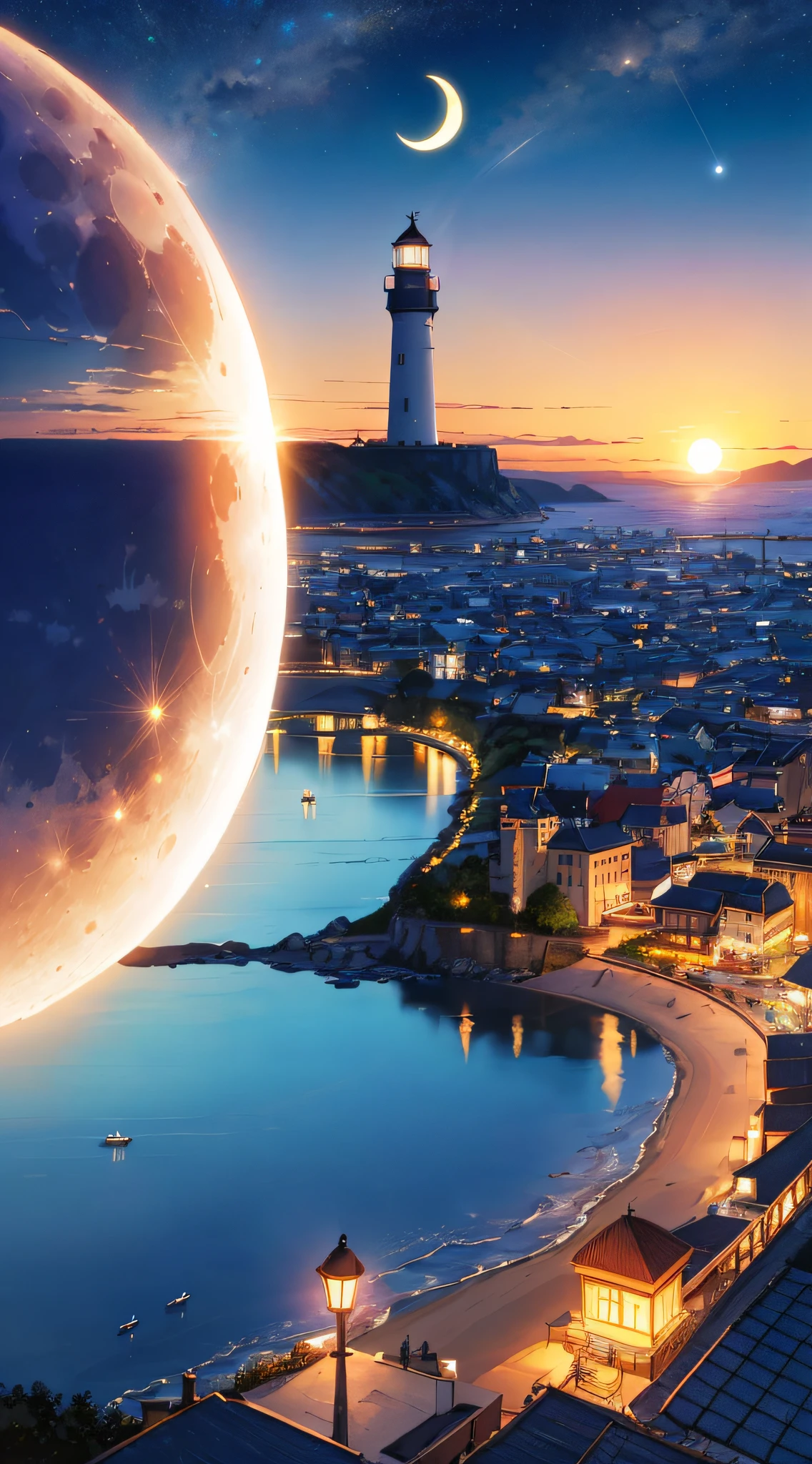 full moon, sun, planet, horizon, cloud, ocean, sky, water, scenery, crescent moon, beach, moonlight, circle, cloudy sky, shore, lens flare, waves, earth (planet), city, boat, outdoors, mountain, silhouette, night, lake, bird, 1girl, blue sky, bubble, long hair, building, sunburst, river, landscape, reflection, lighthouse, solo, night sky, island, star (sky), sunset, pool, cat, tower, city lights, fantasy, fisheye