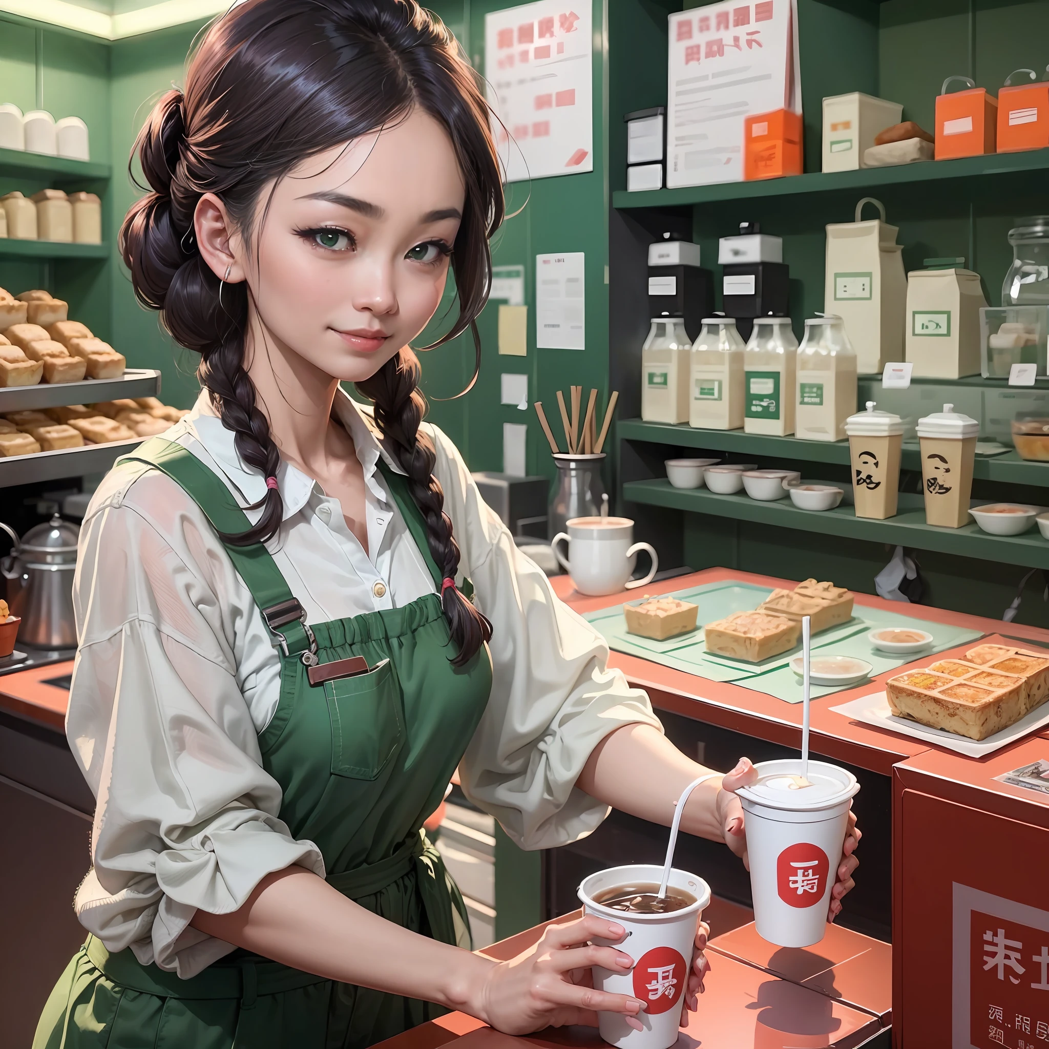 best qualityer，China 80s，Retro，A young woman wearing green suspenders and a white shirt,25 age old，Her name is Xiaofang，Two braids，largeeyes，Capable figure，Hold a takeaway milk tea cup，ssmile，Small town young woman，Independent women in entrepreneurship，The hostess of the milk tea shop