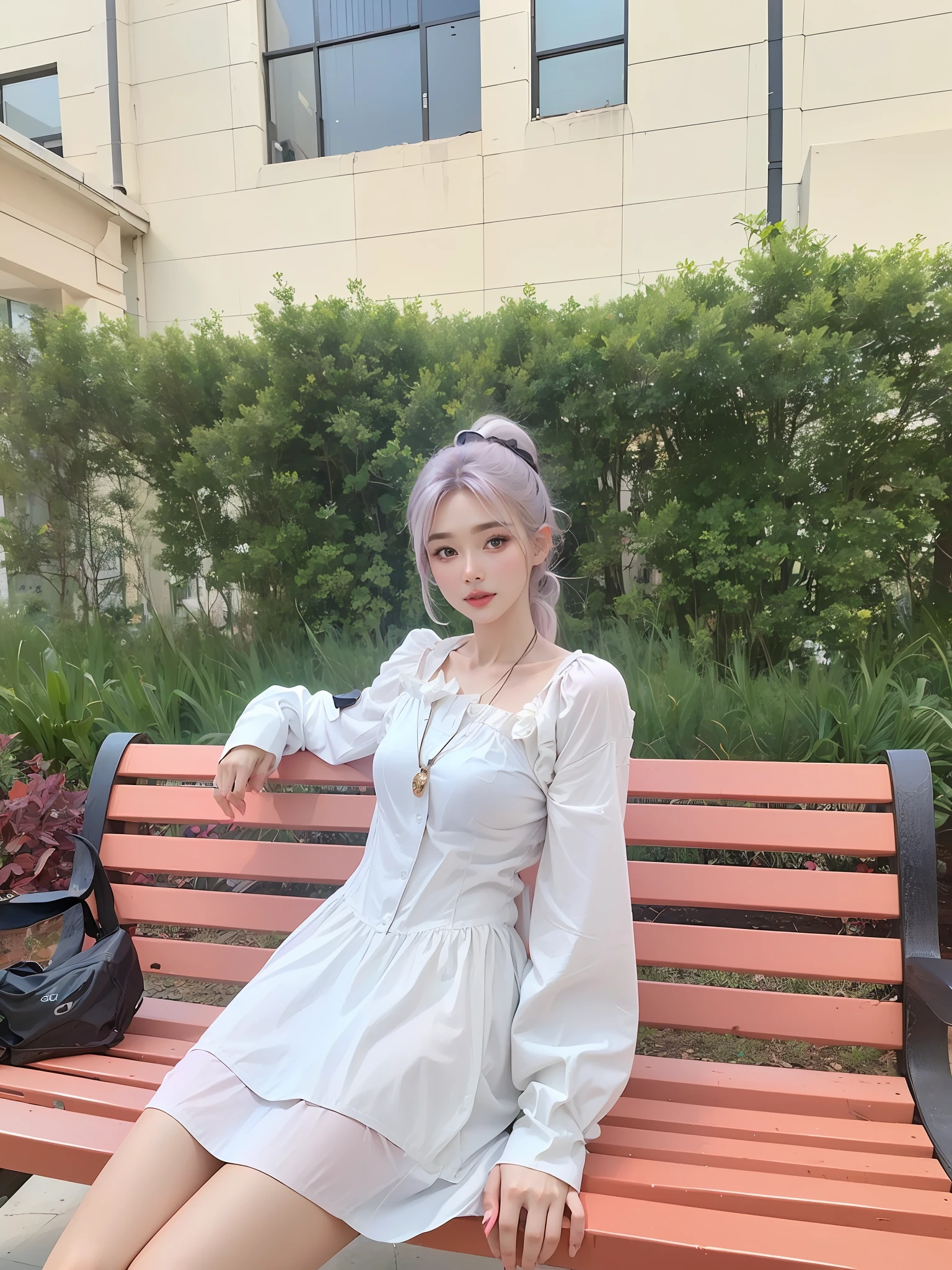 (masterpiece, best quality, 8K smooth, highres), 1girl, long light pink hair, big eyes, finely portrayed eyes, light purple glossy short sleeves on the upper body, light silver glossy jeans on the lower body, full body, Close-Up (CU), cinimatic Light, moonlight illuminating the city, hopeful,surrealism,(sony a7m4,F/2.3,80mm,RAW photo:1.6)