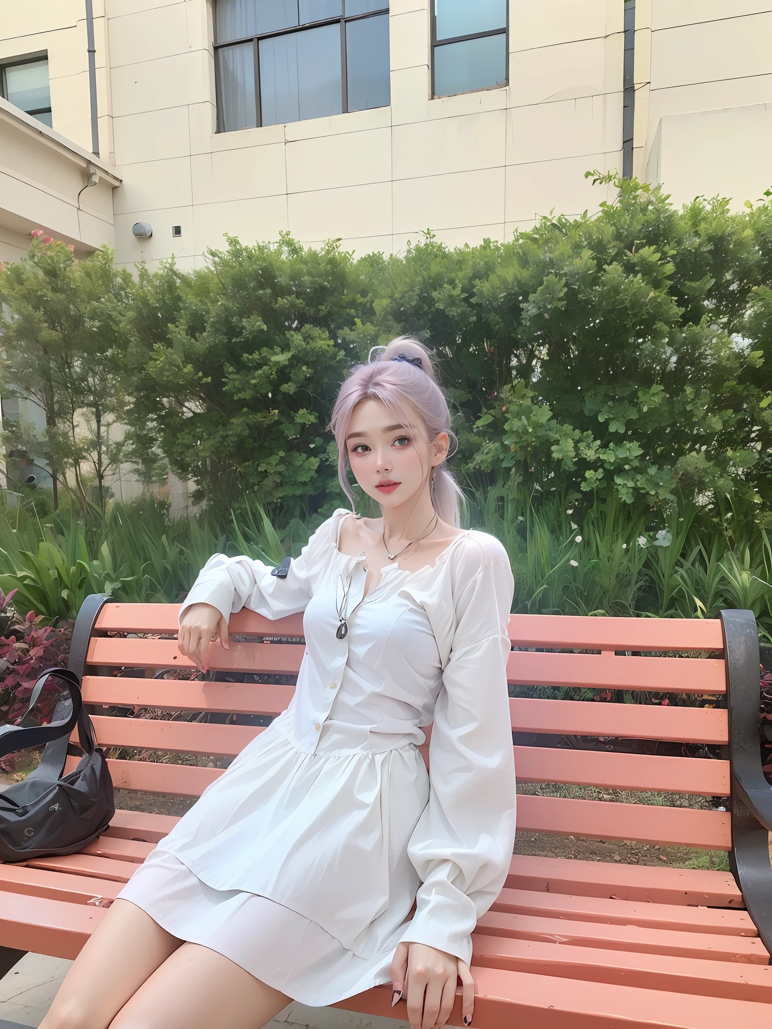 (masterpiece, best quality, 8K smooth, highres), 1girl, long light pink hair, big eyes, finely portrayed eyes, light purple glossy short sleeves on the upper body, light silver glossy jeans on the lower body, full body, Close-Up (CU), cinimatic Light, moonlight illuminating the city, hopeful,surrealism,(sony a7m4,F/2.3,80mm,RAW photo:1.6)