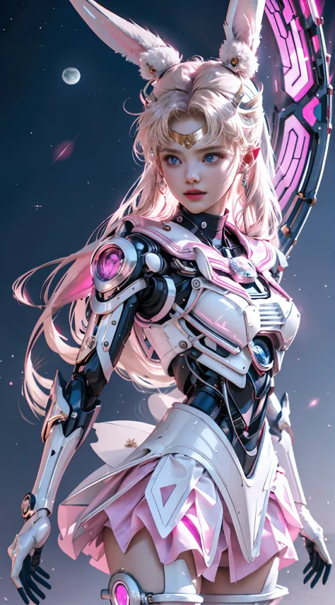 1 mechanical girl: 1.4, sailor moon, white mechanical arm, humanoid body, pink sailor suit, good-looking face, sailor moon, wing...