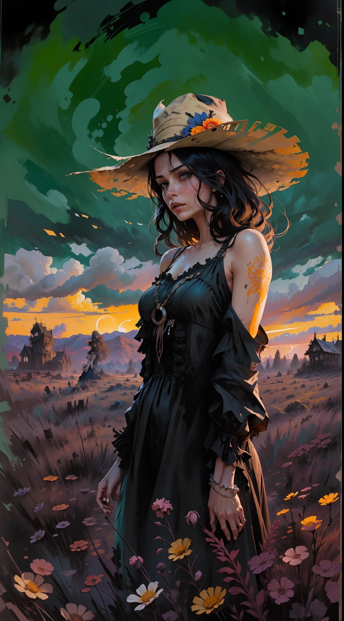 there is a drawing of a woman in a hat and dress, a gouache by Gavin Hamilton, tumblr, digital art, published art, girl in love, illustration!, official fanart, jen bartel, concept art of love, fanart, gothic harts, promo art, matte gouache illustration, witchy, beautiful cowboy witch, added detail, gouache, full product shot, girl in field of sunset flowers, high detail, art by greg rutkowski, stunning, highly detailed, 8k, ornate, intricate, cinematic, defog, atmospheric, (oil painting:0.75), (splash art:0.75),(teal:0.2),(orange:0.2), (by Jeremy Mann:0.5), (by John Constable:0.1),(by El Greco:0.5),(acrylic ink:0.7 5)