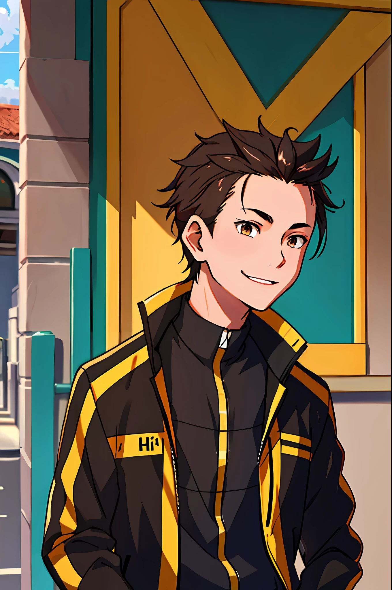 hight resolution, Sharp Focus, Pixiv masterpiece, ((Intricate details)), Highly detailed, natsuki_Subaru, 1boy, Brown eyes, Jacket, Upper body, Black hair, Smile, Track jacket, hair slicked back,