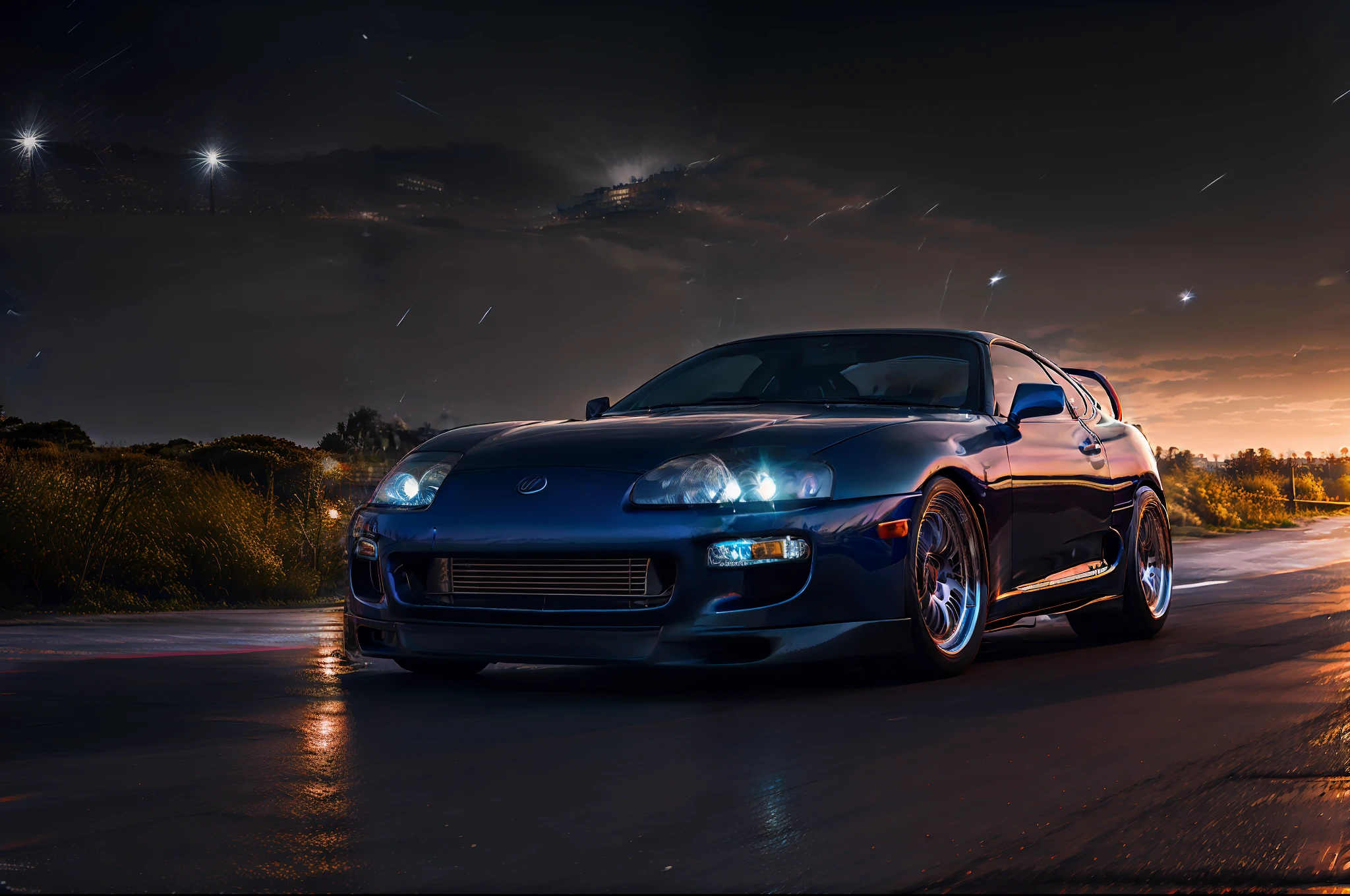 (STANCE), masterpiece,best quality,official art,extremely detailed CG unity 8k wallpaper,illustration, light,car, bright, sports car, vehicle focus, road, ((need for speed)),((NFS)), moving, wet, (((night, midnight))),neon lights,drift,  (MARKII)