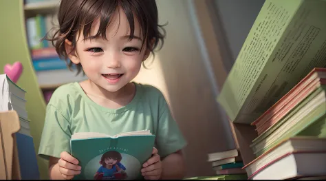 4-year-old reading a book, detalles, foto hiperrealista, feliz, 8k