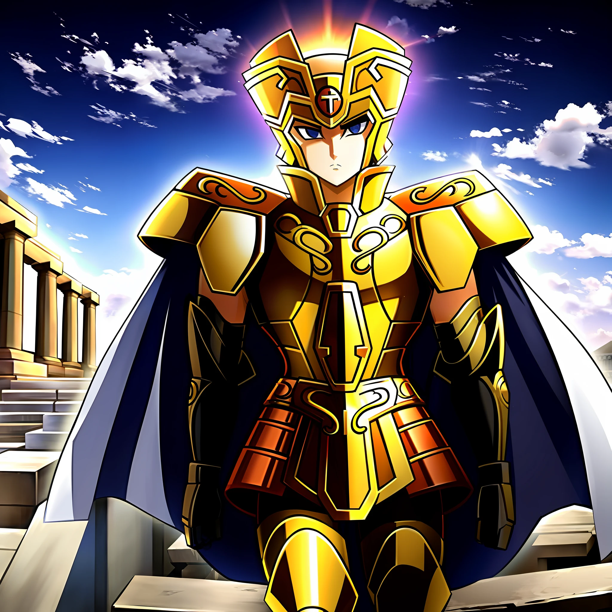 GeminiArmor, gold armaduras, Henry Cavil como 1 menino, armaduras, céu dramático, Olhando para o visualizador, armaduras, boca fechada, tronco, Sério, Capacete, na ponte do templo grego, anime, corpo todo. caminhando em direção ao espectador, botas