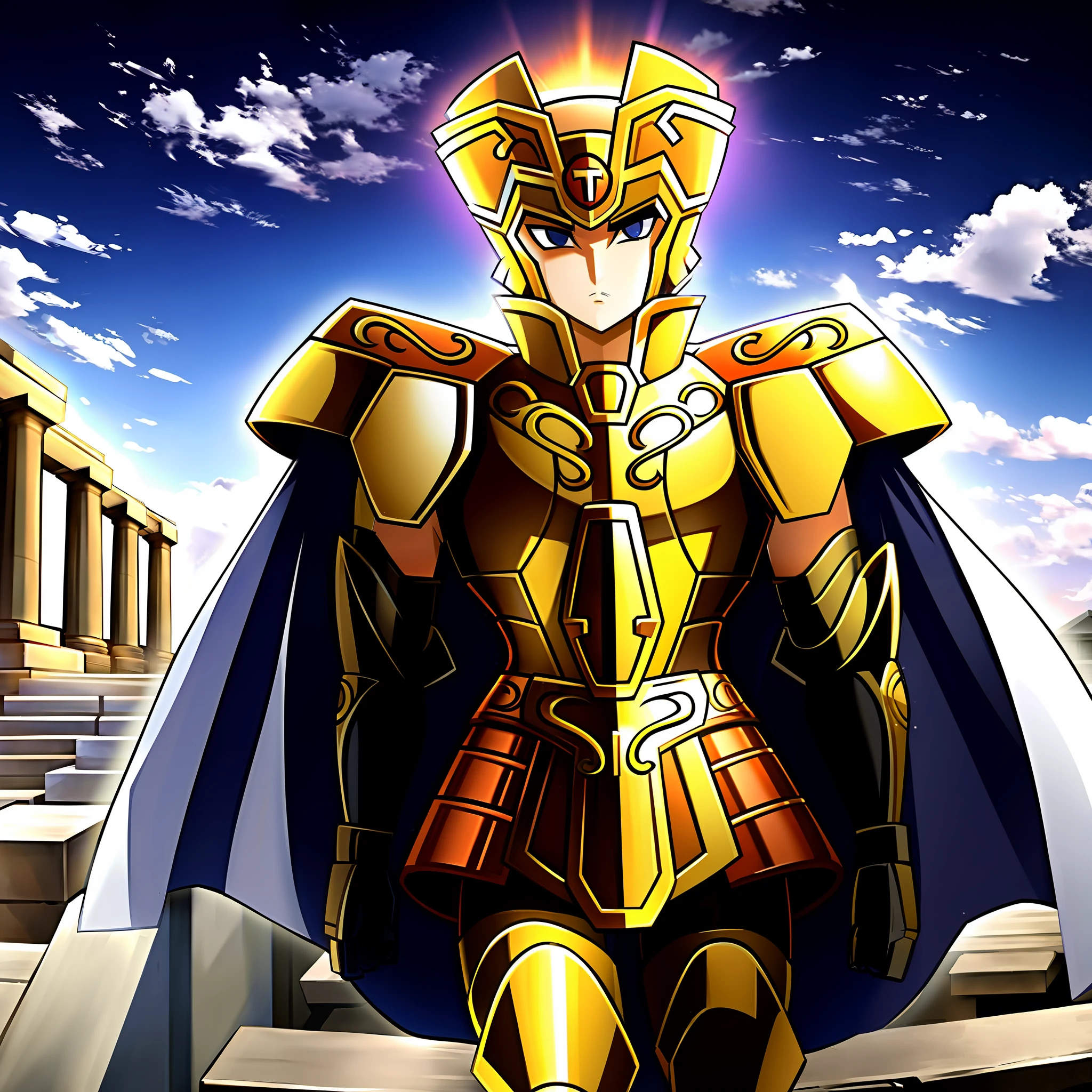 GeminiArmor, gold armor, Henry Cavil as 1boy, armor, dramatic sky, looking at viewer, armor, closed mouth, upper body, serious, helmet, on greek temple bridge, anime, full-body. walking  towards the viewer, boots