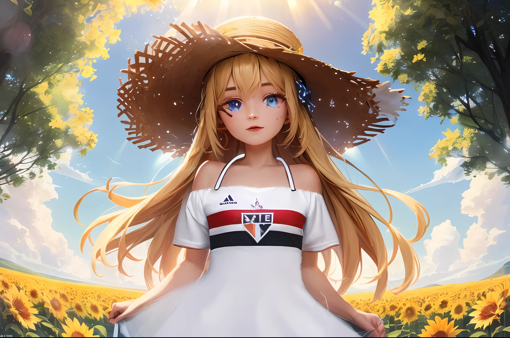 1girl,masterpiece,extremly detailed, ((Cinematic lighting)), ((glowing)), ((dramatic lighting)), ((beautiful detailed glow)),lens flare,  long blonde hair, blue eyes, upper body, straw hat, white dress, sunflower at background