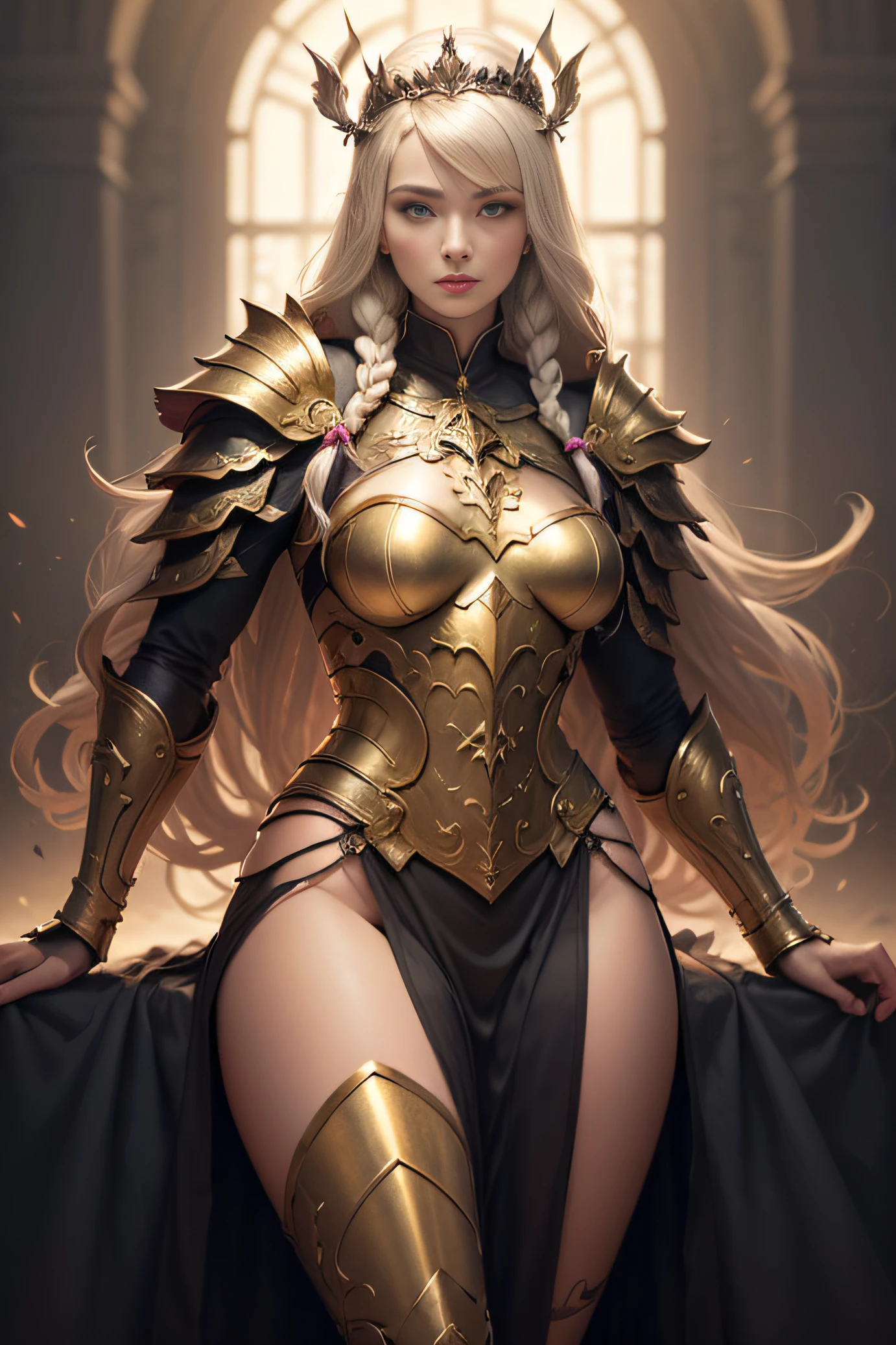 Blonde haired woman with braids, (Nordic low-cut gold armor). Golden armor with glossy chrome black with sharp reflections. gem stones. bared shoulders. (tiara). Low muscle definition. beautiful legs. Visible bare shoulders. Detailed lighting. artistic work. Extreme beauty. Clothing with intense colorful gradient effect. Professional image with high saturation. professional camera. illustration. swirly vibrant colors. vibrant yellow eyes, mantea, layer de pelo, Glowing gold Eyes, symetry, intense stare, black details on clothes, golden aura, fire, layer