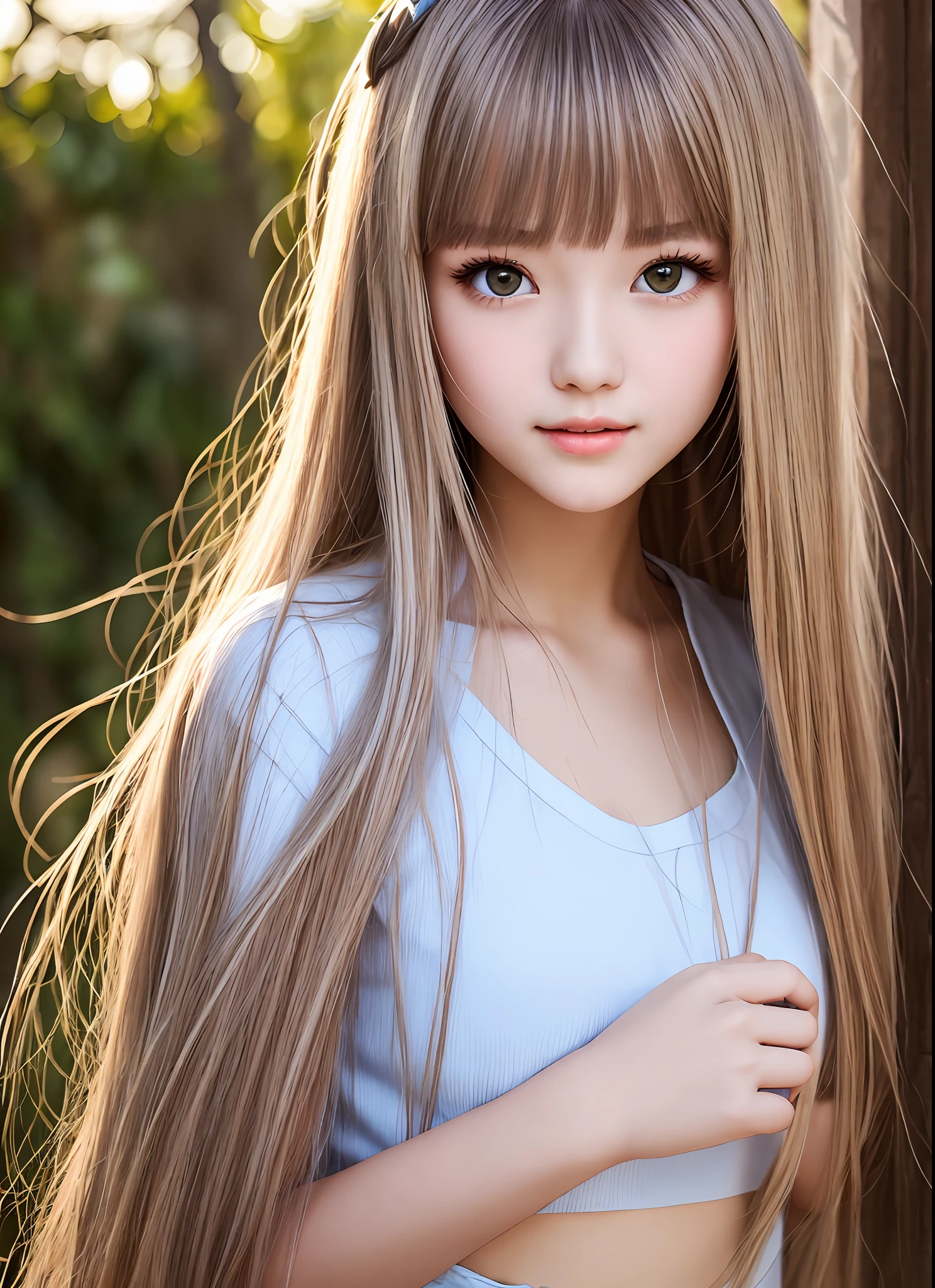 shiny white skin,、Extremely Beautiful Western Caucasian Girl、Nice and cute good looks、Gorgeous Platinum Blonde、Super long straight hair、Big eyes of light blue with a radiant transparency、17-year-old cute beautiful girl with swaying long bangs、