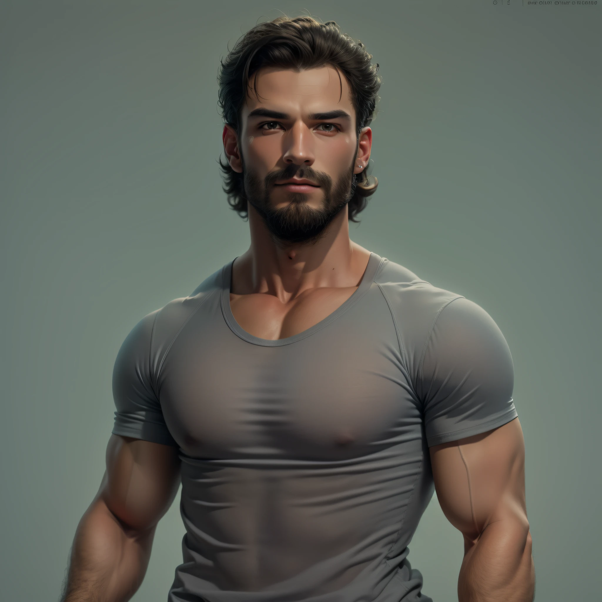 Realistic BUST photo of a very handsome man , with Latin features and light brown skin,  muscular body and broad, strong shoulders, wearing a tight black t-shirt,  he has curly hair shaved on the sides,  very short beard , piercing eyes. Very Masculine. pink photo background.