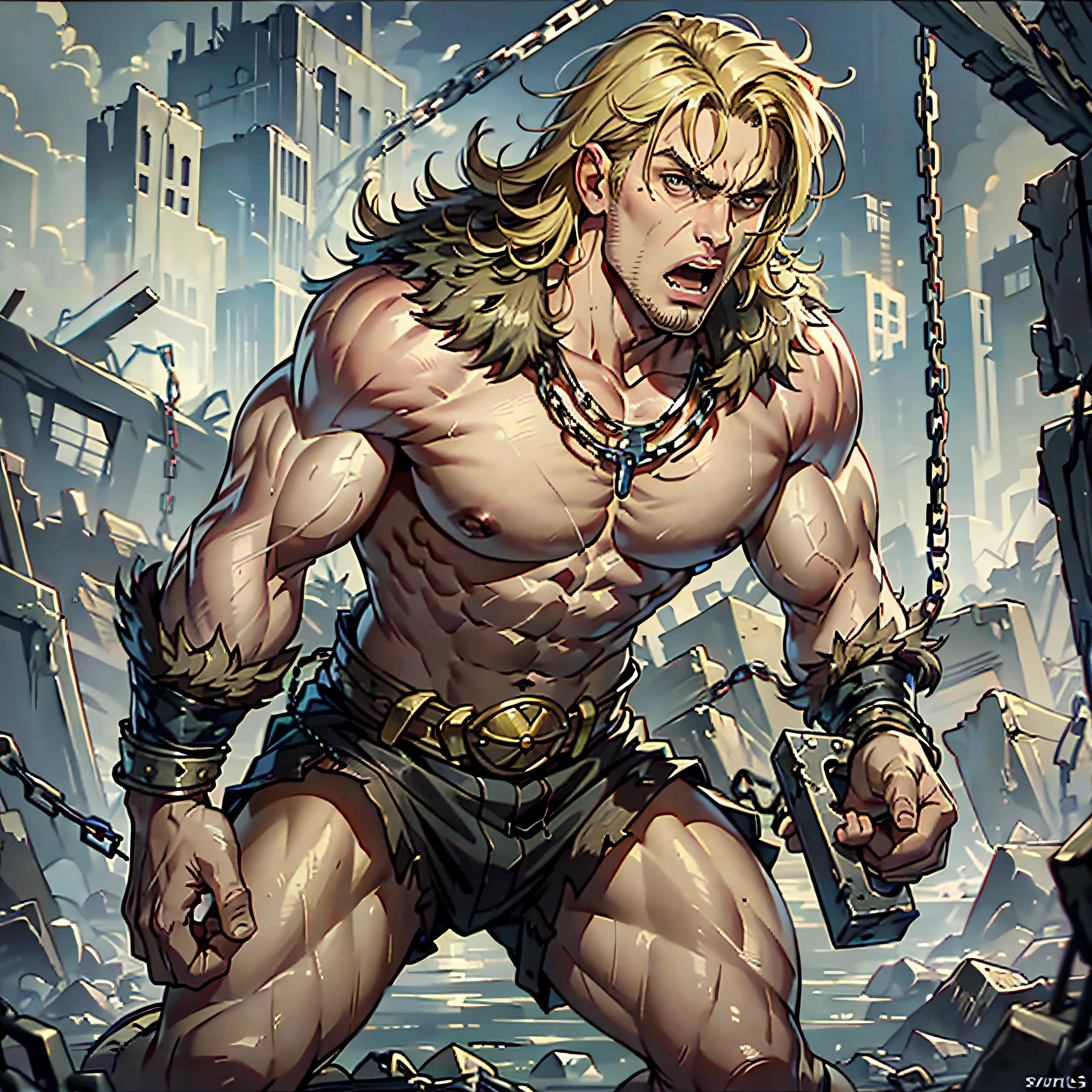 ((masterpiece)), realistic, ((highly detailed:1.3)),thundarr, ((covered in chains, breaking chains)), (((broken chains))), ((blonde)) hair with square-cut bangs, cleanshaven, abs, brown fur vest, muscular thighs, handsome face, perfect eyes, perfect hands,  glaring at the viewer, angry shouting, raging expression, post-apocalyptic swamp ruins setting, dynamic pose, dynamic angle,