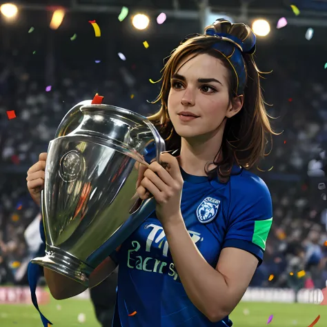 a woman with soccer jersey is holding a handled trophy in her hands on a field of grass with a crowd watching from the stands, (...