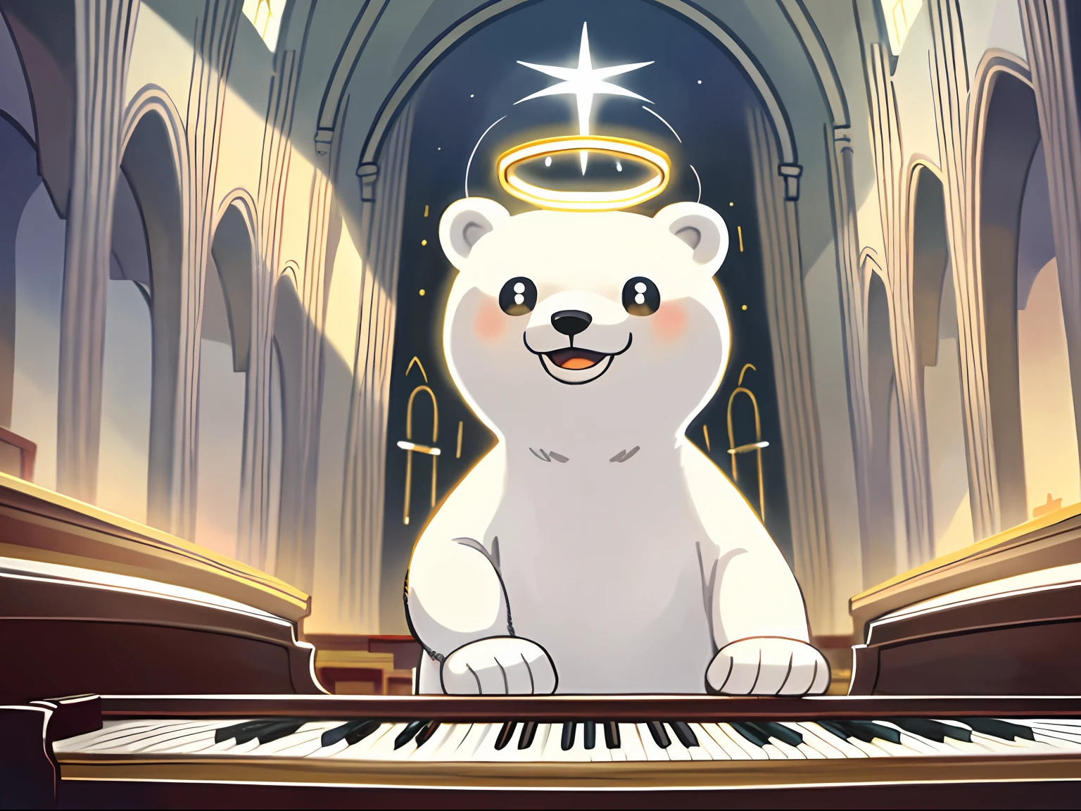 杰作, 最好的质量, 可爱的北极熊, 弹钢琴, 神光, 阳光, 教堂内, 灿烂的笑容, 独奏焦点,光环, 光环,
