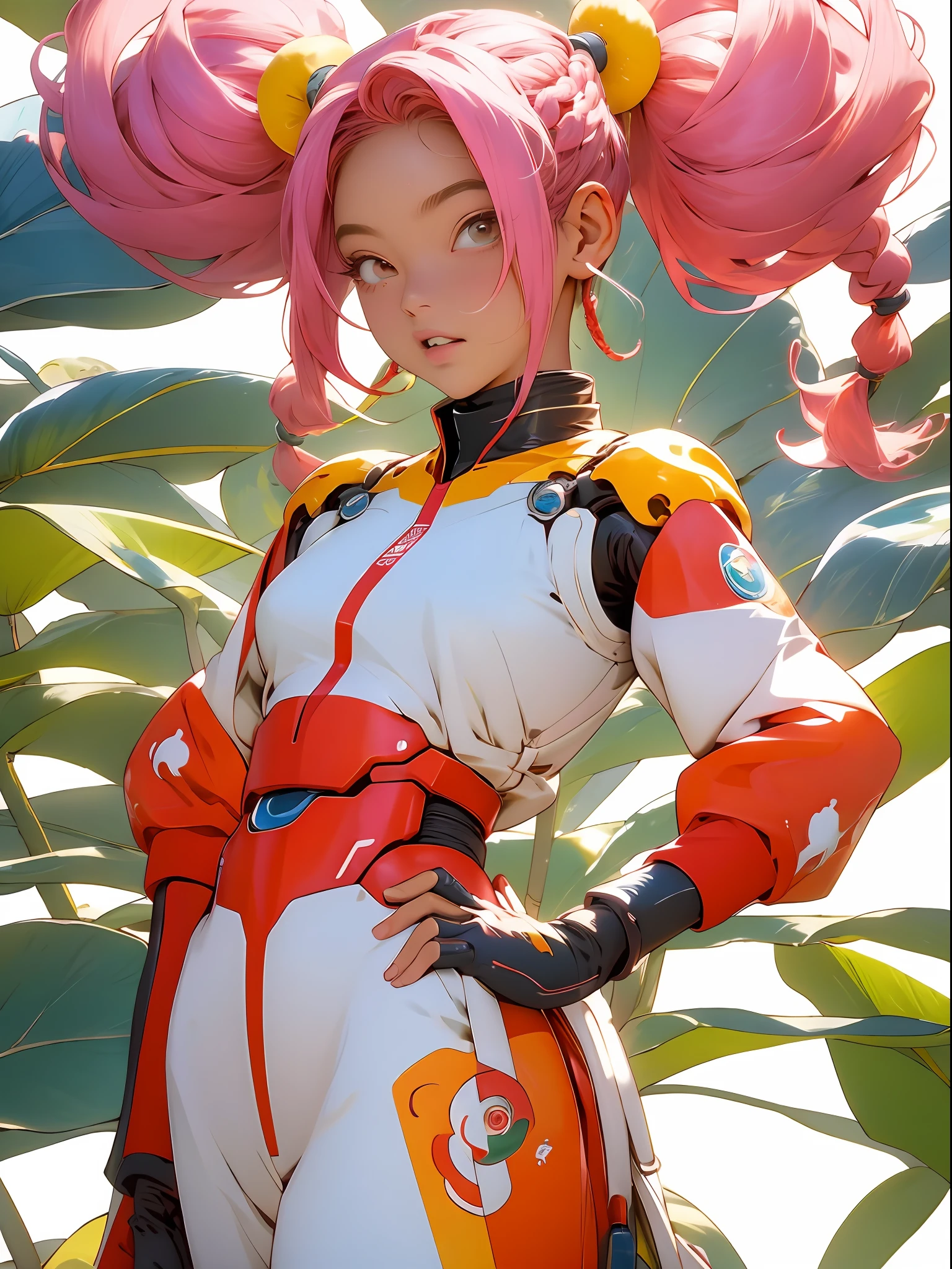 fully body, master part,best quality,super detaill,8k,texturized skin,1mulher adulta,pigtail,standing alone,white background,twin braids,multicolored wildly hair,pink eyes,pink  hair,simple background,bangss,Standing,blue hairs,Looking at Viewer,mecha musume,long  hair,two-tone hair,pink headwear,roboT,fully body,bangss contundente, love the league, coxas nuas