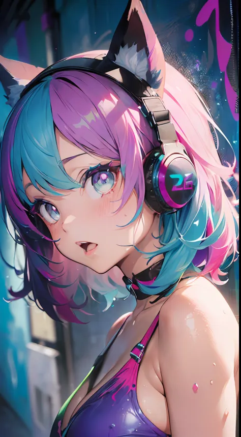 Brightly colored cat ears anime girl with headphones and (big breasts:1.3), ((Upturned eyes:1.3, perfect eyes,beautiful detailed eyes, The rainbow glows with ultra-detailed dark purple aquatic eyes:1.1, gradient eyes:1, beautiful finely detailed eyes:1, ey...