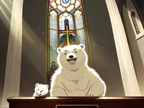 masterpiece, best quality, cute polar bear, playing the piano, god light, rays of sunshine, inside a church, big smile, solofocu...