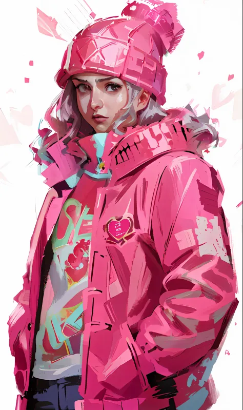 a closeup of a person wearing a pink jacket and a pink hat, betty cooper, estilo artgerm, estilo de stanley artgerm, graphic art...