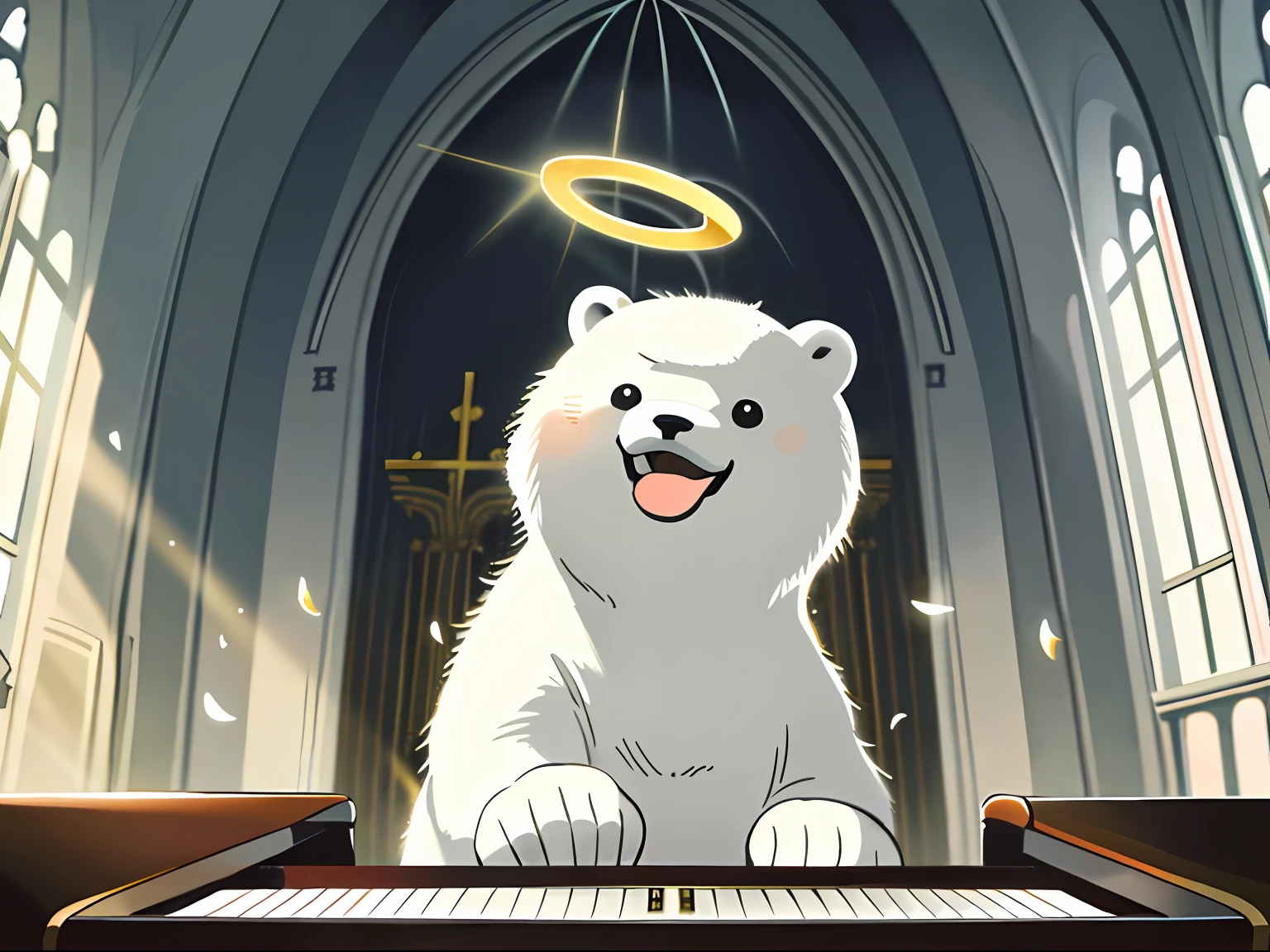 Meisterwerk, beste Qualität, Süßer Eisbär, Klavier spielen, Gott Licht, Sonnenstrahlen, In einer Kirche, großes Lächeln, solofokus,Heiligenschein, Aura,