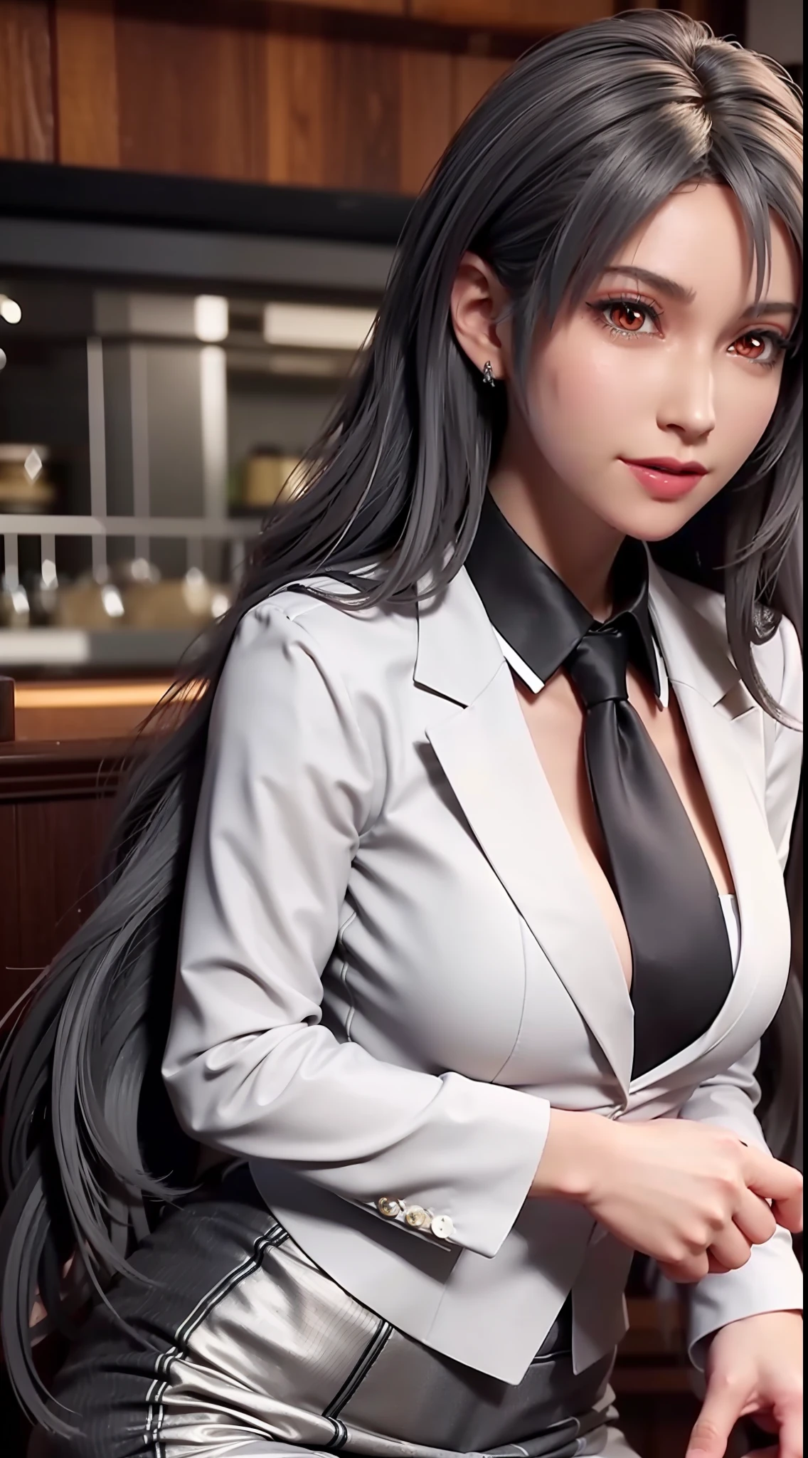 sakuyarindou768 (Wearing business outfit,formal jacket,neck tie, tie,white shirt, skirt, heels,High waist Skirt)( big perfect round breasts,hourglass body, thin waist,btpt-fc,Photo realistic, (hyperrealistic:1)beautiful, masterpiece, best quality, extremely detailed face, perfect lighting,detailed eye makeup, detail face, nice detailed eyes,nice hands, perfect hands (realistic pupils,realistic iris:1) heavy eye makeup,gray hair,long hair,bue eyes,  (working at a restaurant, background restaurant)