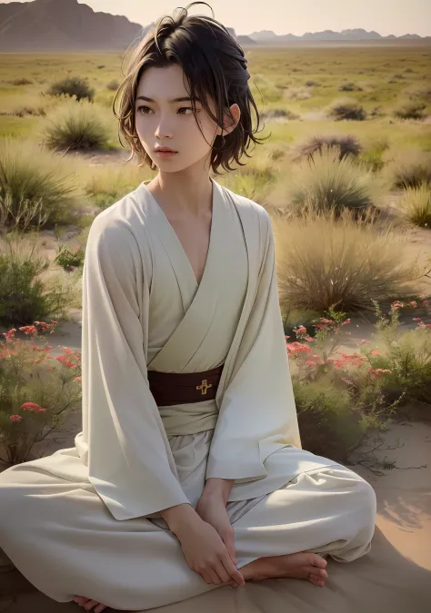 (Jedi meditation:1.3), serene photo,((1boy, Jedi master in deep meditation)),  in jedi outfit, sitting cross-legged,  (desert oasis:1.1), surrounded by blooming desert flowers, ((harmonizing with the Force)), spiritual retreat, transcendent tranquility, de...