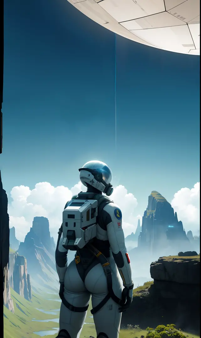 (35mmstyle:1.2), Highly detailed RAW color Photo, rear angle, full body, af (Female space marine, Wearing a white and red spacesuit, futuristic helmet, Tin plated mask, Rebreathers, accentuated booty), Outdoors, (Stand on the cliffs of the tall Rocky Mount...