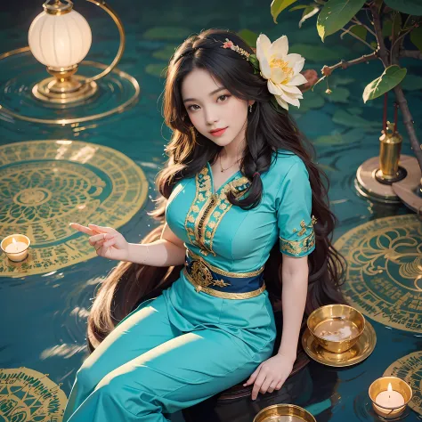 Sitting by a lake full of lotus flowers, her feet playing in the water, the art depicts a charming woman with a melon face, dressed in a flowing, silky traditional oriental dress, long, aqua blue, decorated with intricate patterns and bright colors. Her dr...