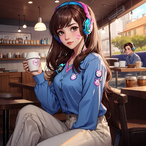 (masterpiece, high quality) cute d.va (from overwatch) in a cafe, brown hair, wearing short short, brown eyes and cute lips, kaw...