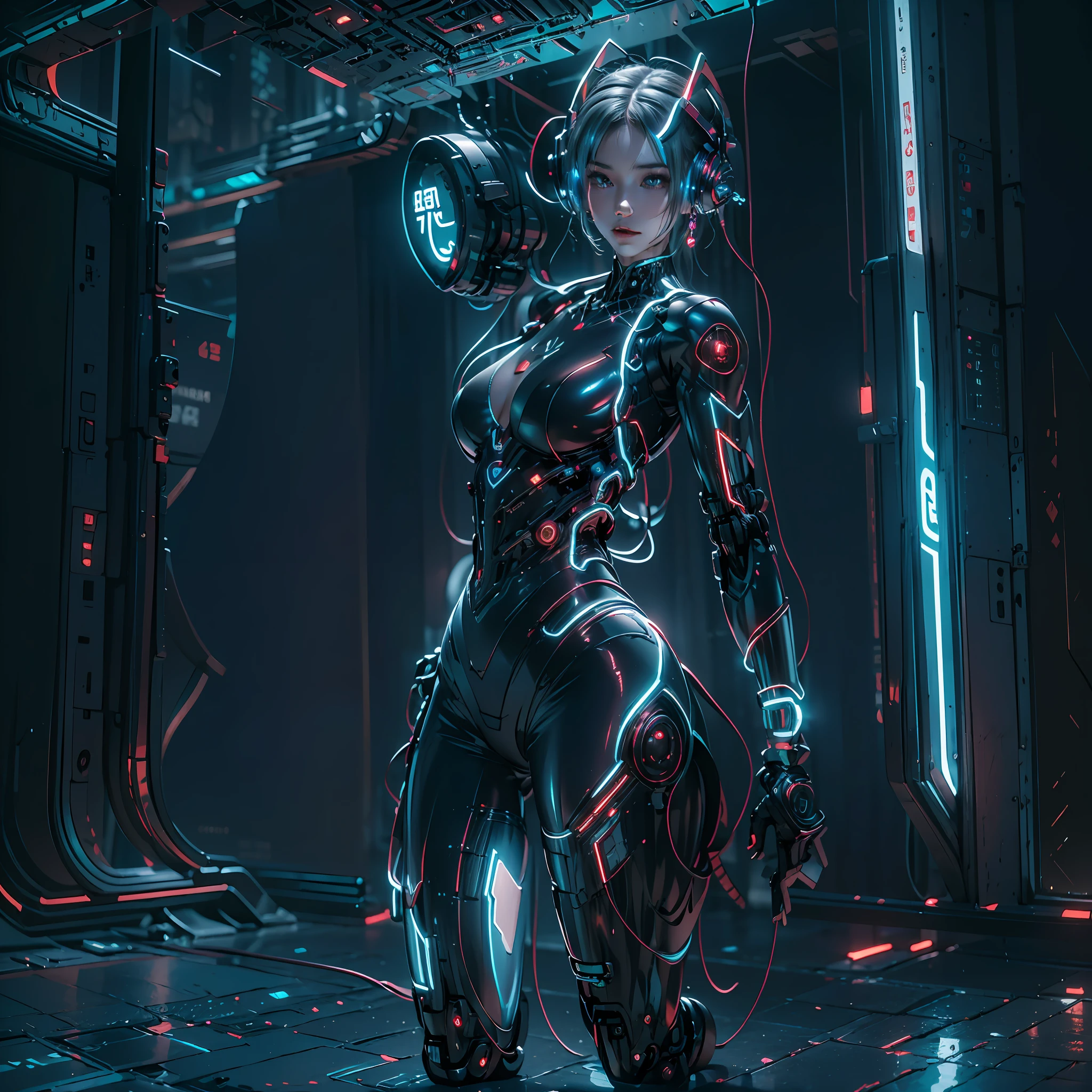 1girll，(cyber punk perssonage:1.3)，Bring headphones，Illuminated helmet and headphones，glowing jewelry，Glowing earrings，Glowing necklace，inside in room，Electronic wire background，best qualtiy，tmasterpiece，Movie filter presetovie level lighting，C4D Rendering，rendering by octane，with light glowing，(full bodyesbian:1.5)，slender leg，perfect foot，High chiaroscuro，(There is no light on the face :1.5)